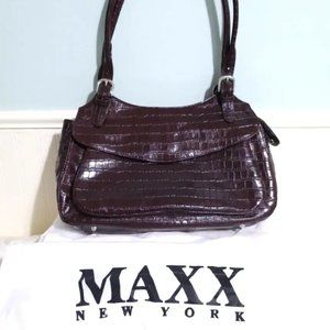 NEW MAXX New York Chestnut Red 100% Croco Embossed Leather Shoulder Bag Purse